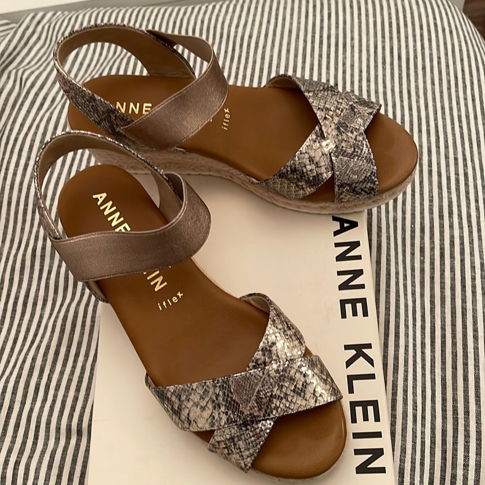 Anne Klein Metallic Taupe Snake-Print Espadrille Wedges